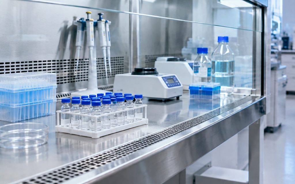 Pipettes, a rack of capped sample vials and laboratory instruments inside a stainless-steel biosafety cabinet
