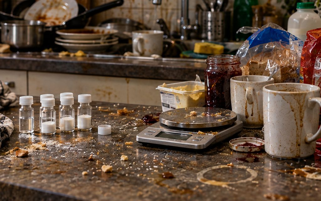 Small specimen vials beside a kitchen scale, dirty mugs and an open jar on a cluttered domestic kitchen counter
